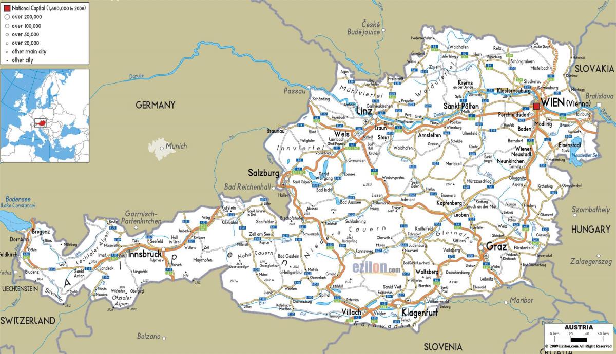 تفصیلی نقشہ آسٹریا کے شہروں کے ساتھ